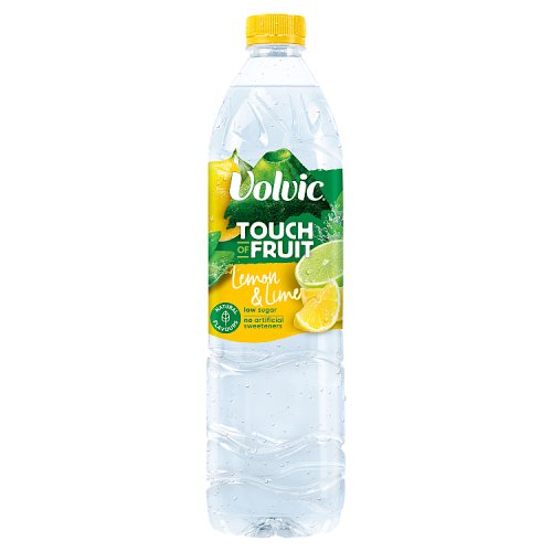 Clear plastic bottle of Volvic Touch of Lemon & Lime, featuring a yellow cap, vibrant fruit graphics, and a label highlighting "low sugar" and "no artificial sweeteners."