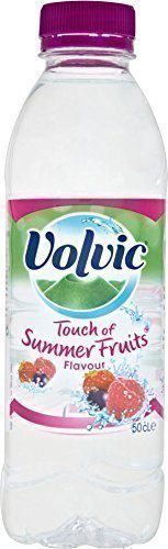 Clear plastic bottle of Volvic Touch of Fruit Summer Fruit Flavoured Water, featuring a purple cap, colorful label with fruit illustrations, and contains 500 ml of flavored water.