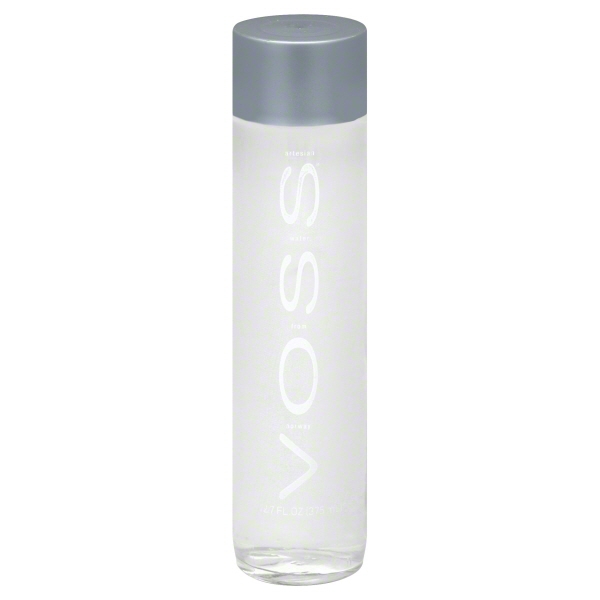 Clear glass bottle of Voss Water, 375ml, featuring a sleek cylindrical shape, silver cap, and minimalist white logo on the front.