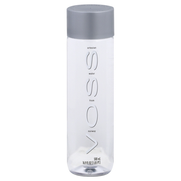 Clear plastic bottle with a sleek design, featuring a gray cap, labeled "VOSS" and "artesian water from Norway," capacity of 500 ml, part of a 24-pack.