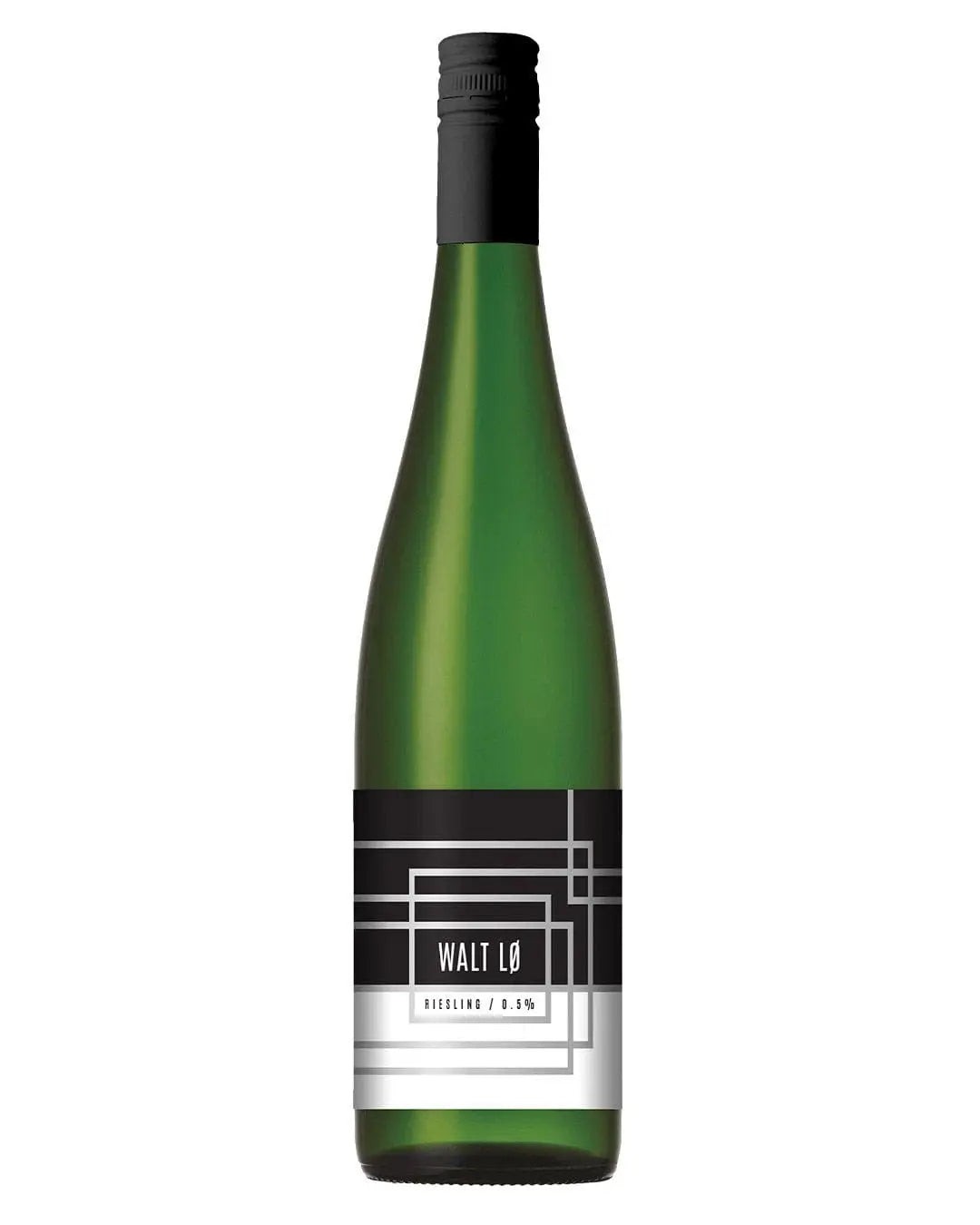 Green glass bottle of Walt Lo Riesling Low Alcohol Wine, featuring a black and white geometric label with the text "WALT LØ" and "RIESLING / 0.5%."