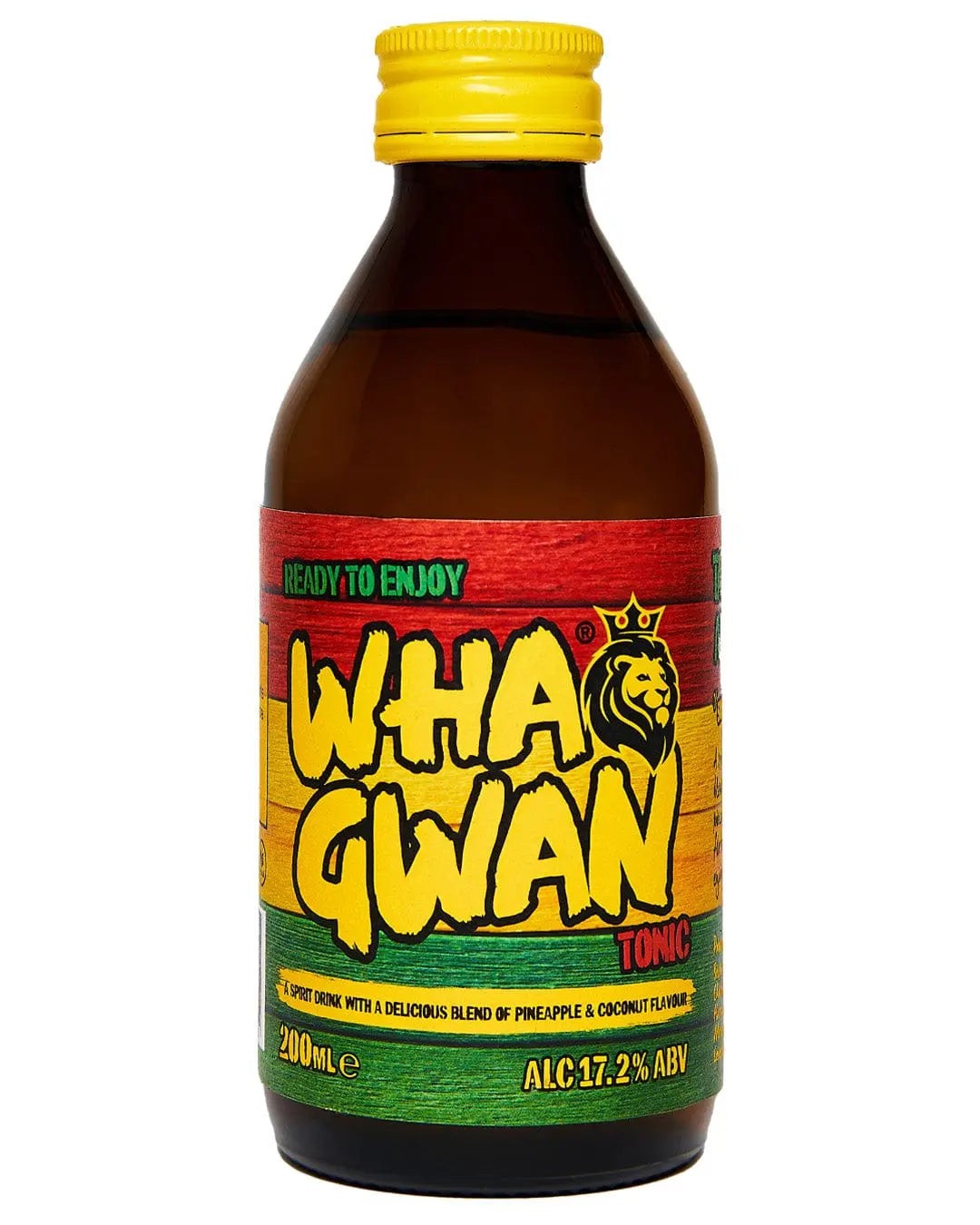 Brown glass bottle with a yellow cap, featuring a vibrant label in red, yellow, and green, displaying "WHA GWAN" and indicating a pineapple coconut flavor, 200 ml, 17.2% ABV.