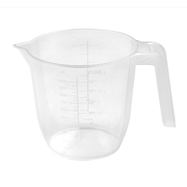 Clear 1L measuring jug made of durable plastic, featuring a spout for easy pouring and marked measurements in milliliters and fluid ounces along the side.