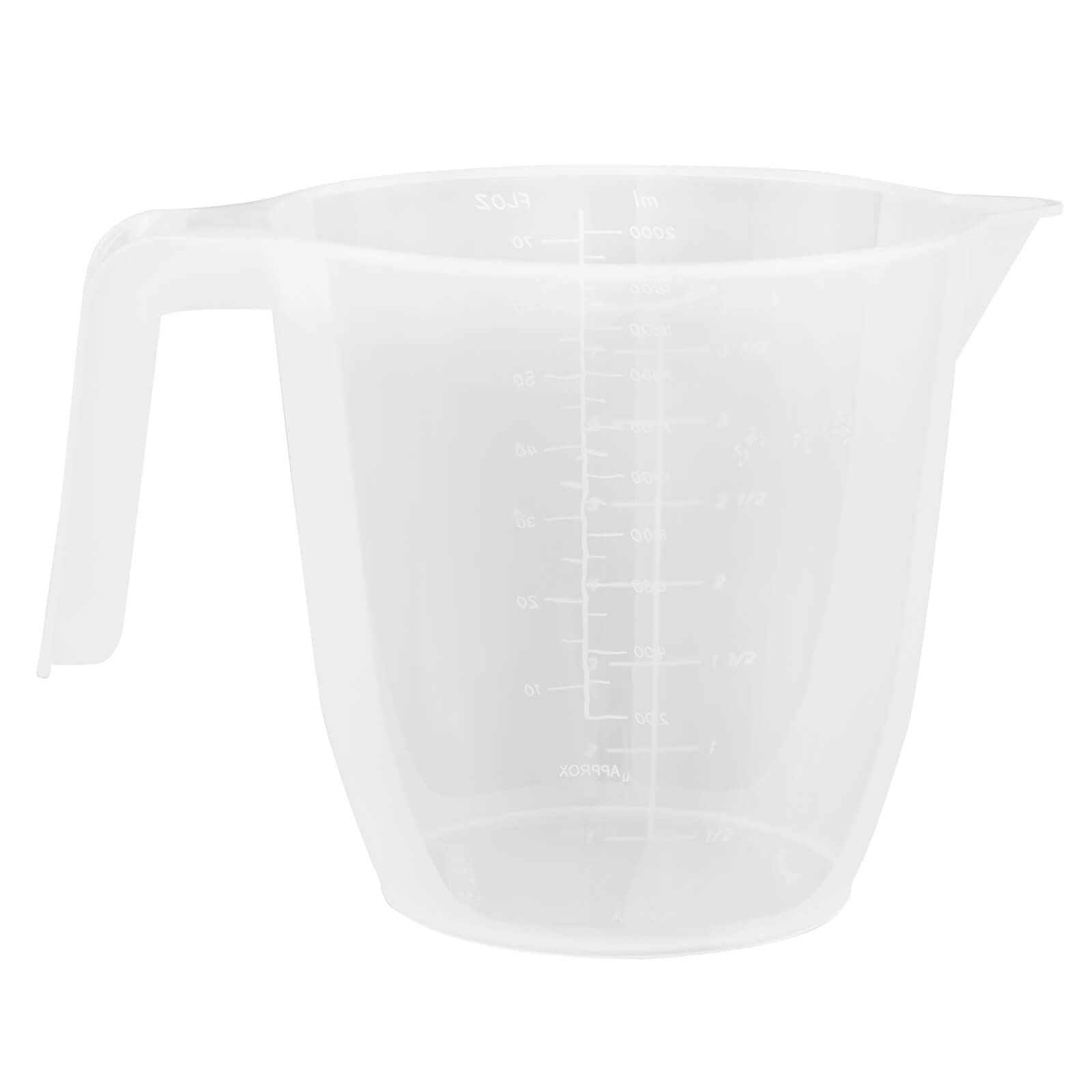 Clear 2L measuring jug made of durable plastic, featuring a spout for easy pouring and measurement markings in milliliters and liters on the side.