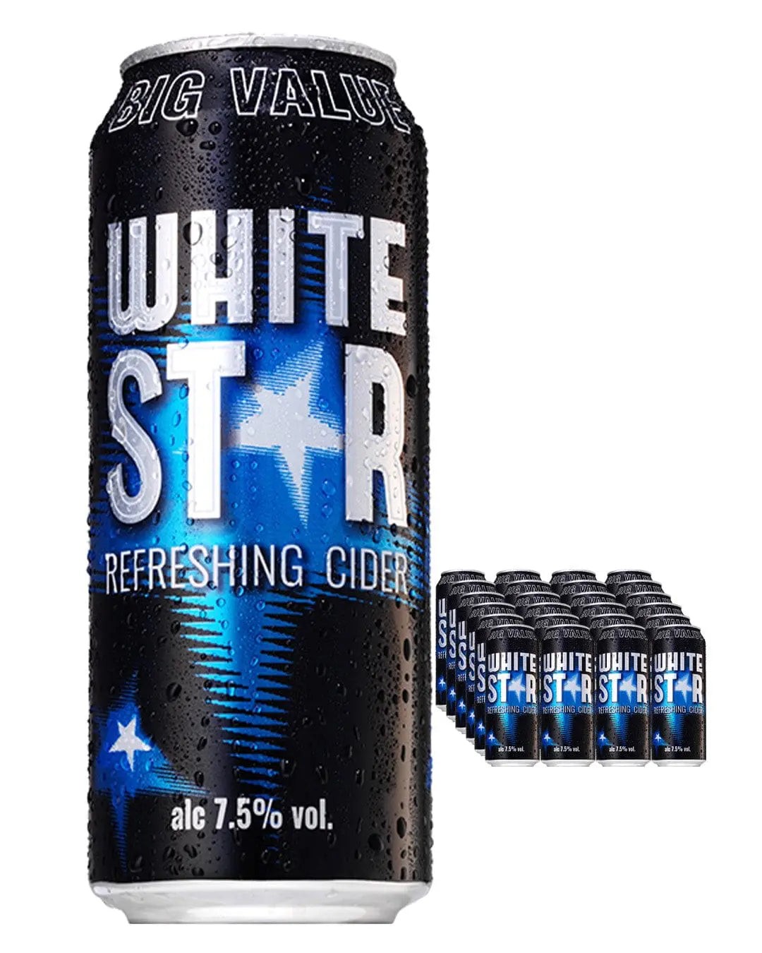 Multipack of 24 sleek black cans of White Star Cider, featuring a blue star design, labeled "Refreshing Cider" with 7.5% alcohol content, glistening with condensation.