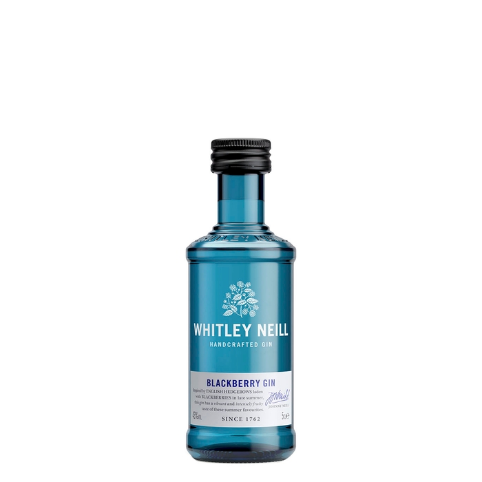 A 5 cl miniature bottle of Whitley Neill Blackberry Gin, featuring a blue glass design, a black screw cap, and a white label with floral graphics and text.