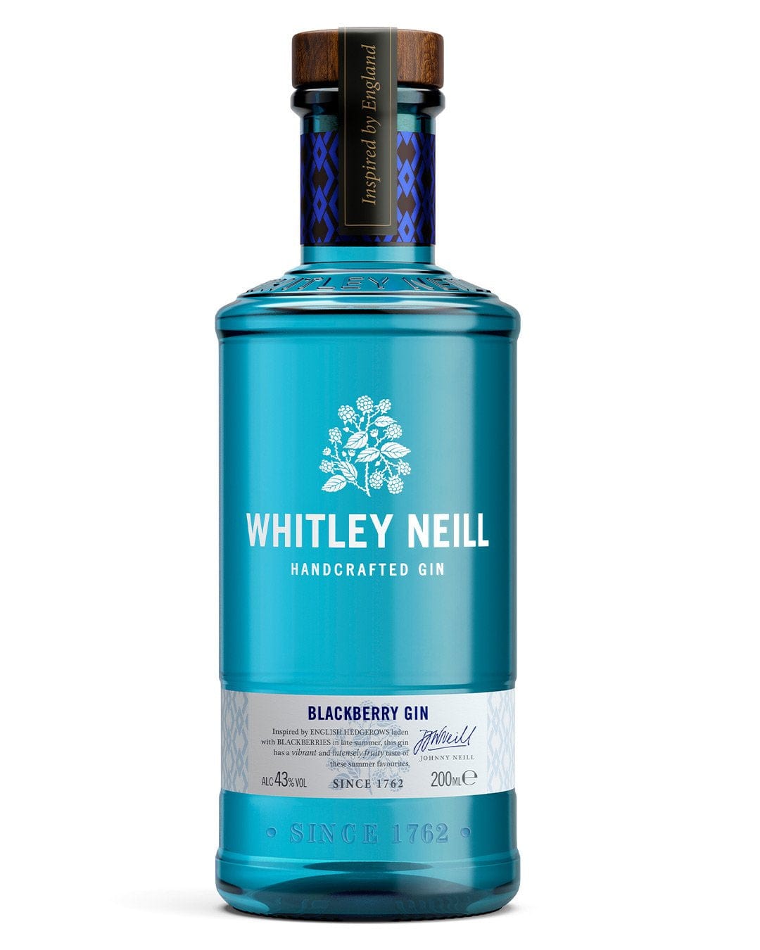 Clear blue glass bottle of Whitley Neill Blackberry Gin, 20 cl, featuring a wooden cork, white label with floral design, and text highlighting its handcrafted quality.