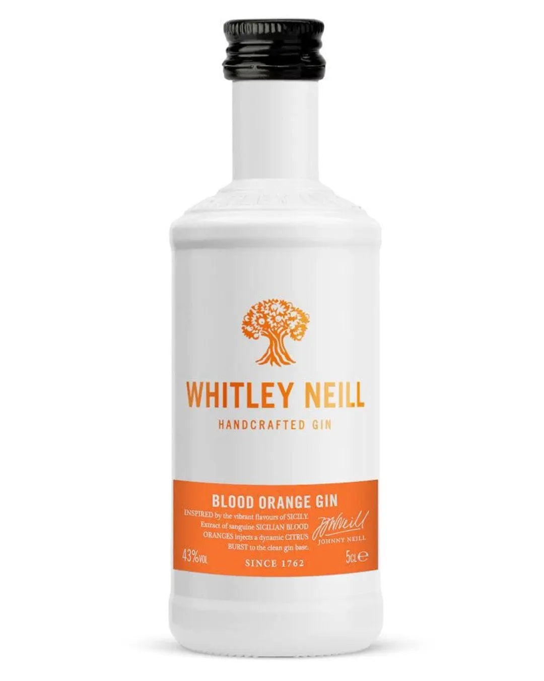 Clear glass miniature bottle of Whitley Neill Blood Orange Gin, featuring a white label with orange accents, a black cap, and a tree logo, containing 5 cl of gin at 43% ABV.