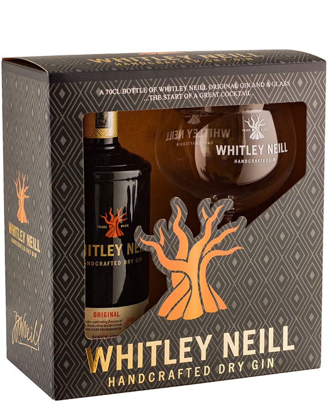 Whitley Neill Handcrafted Dry Gin gift set featuring a 70cl bottle and a glass, presented in a black box with an orange tree logo and geometric patterns.