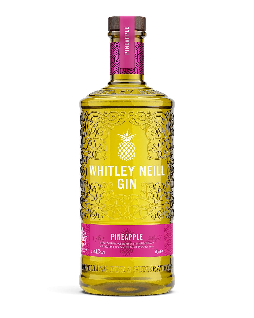 Clear glass bottle of Whitley Neill Pineapple Gin, featuring a vibrant yellow liquid, intricate floral patterns, and a pink label with a pineapple icon, 70 cl size.