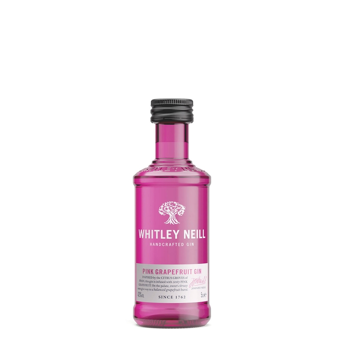 Miniature bottle of Whitley Neill Pink Grapefruit Gin, 5 cl, featuring a vibrant pink liquid, sleek glass design, silver cap, and white label with brand and flavor details.