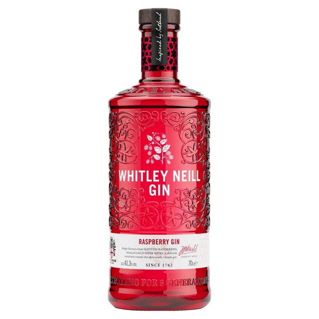 A clear bottle of Whitley Neill Raspberry Gin featuring a vibrant red hue, intricate floral patterns, and a white label with black text, showcasing its 43% ABV and 70cl volume.