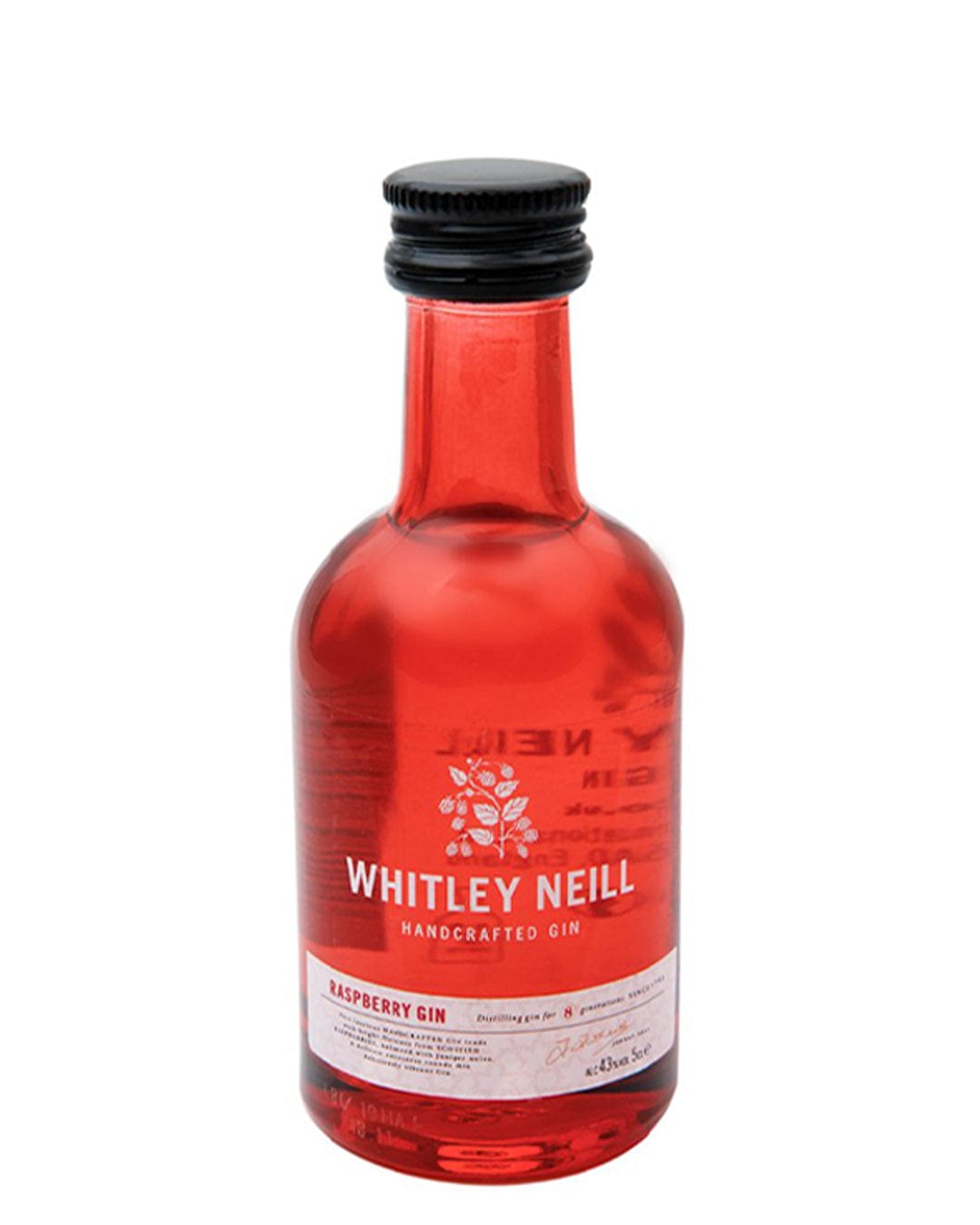 A small, 5 cl glass bottle of Whitley Neill Raspberry Gin, featuring a vibrant red liquid, black screw cap, and a white label with floral design and text.