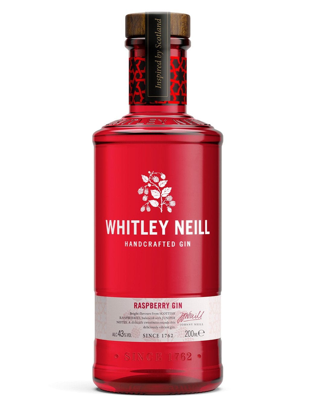 A small 20 cl bottle of Whitley Neill Raspberry Gin, featuring a vibrant red glass body, a wooden cork, and a white label with botanical illustrations and text.