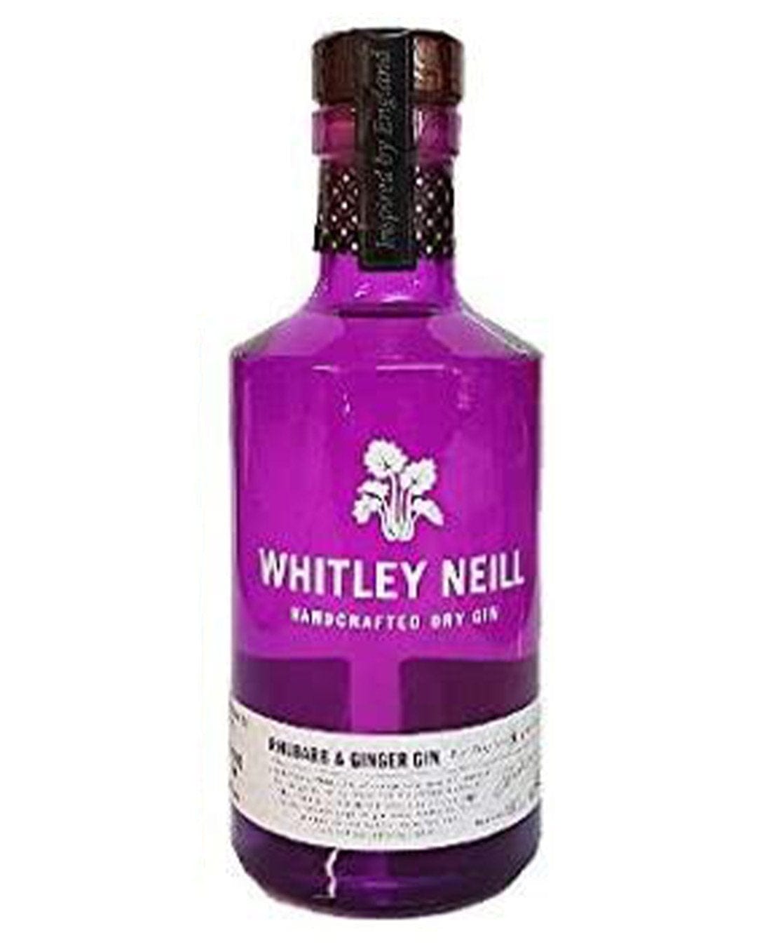 Purple glass bottle of Whitley Neill Rhubarb & Ginger Gin, featuring a cork stopper, white label, and embossed logo, with a capacity of 20 cl.