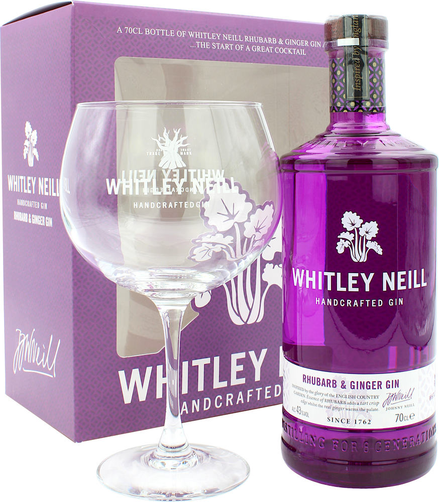 A vibrant purple bottle of Whitley Neill Rhubarb Gin (70 Cl) next to a large, elegant glass, all presented in a decorative box featuring floral designs.