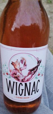Wignac Cidre Rose bottle, 330 ml, featuring a whimsical label with a fox and a dog, surrounded by floral designs, in a clear glass with a light pink liquid.