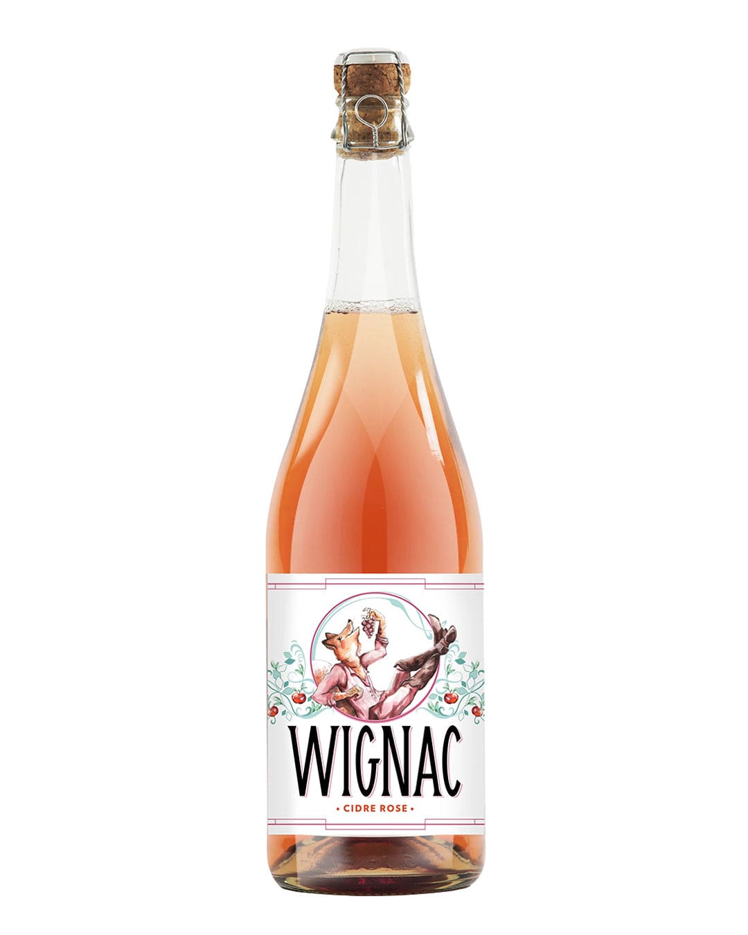Wignac Cidre Rose bottle featuring a pinkish liquid, a cork closure, and a decorative label with floral designs and the brand name prominently displayed.