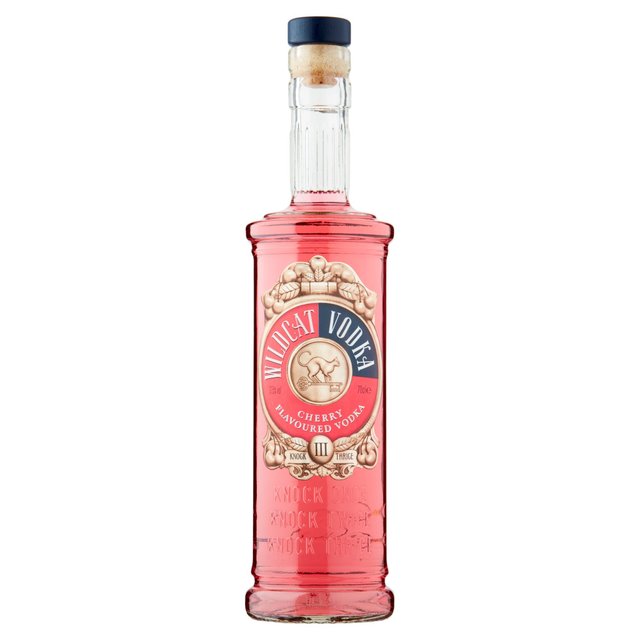 Clear glass bottle with a cork stopper, filled with vibrant pink cherry vodka, featuring a vintage-style label with "Wildcat Vodka" in bold lettering.