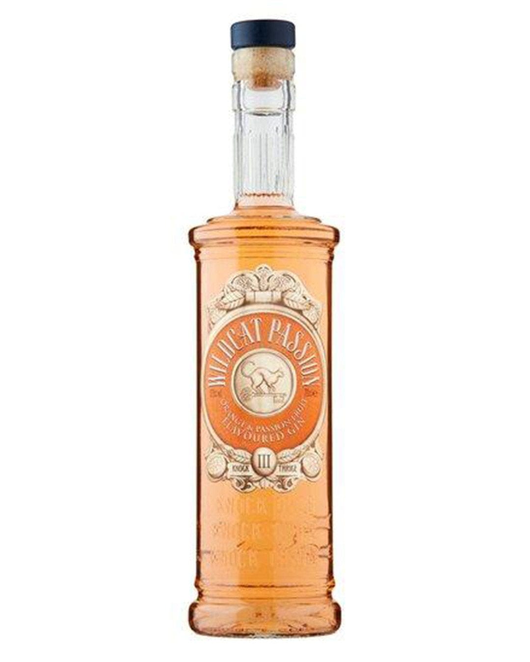 Clear glass bottle filled with light orange gin, featuring a cork stopper, embossed detailing, and a label reading "Wildcat Passion Fruit & Orange Flavoured Gin."