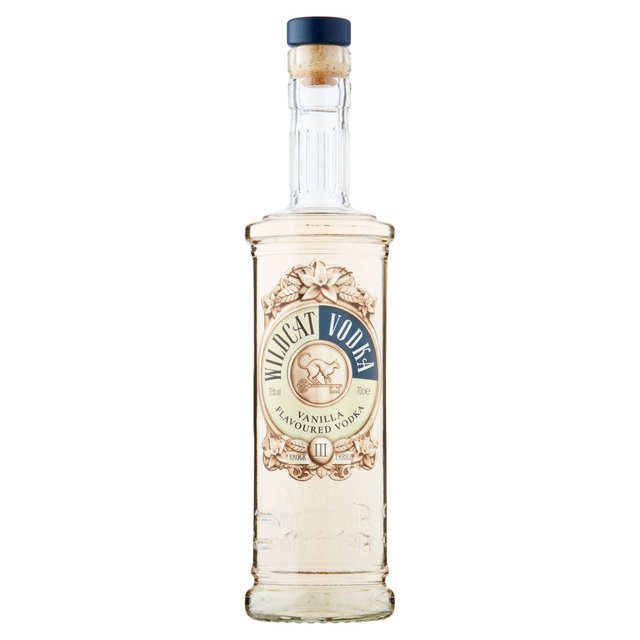 Clear glass bottle of Wildcat Vanilla Vodka, 70 Cl, featuring a decorative label with a blue and gold design, topped with a cork and blue cap.