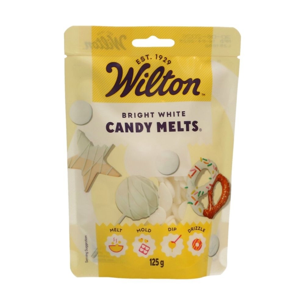 Bright white candy melts in a resealable yellow package with Wilton branding, featuring a 125g weight and images of various decorated treats.