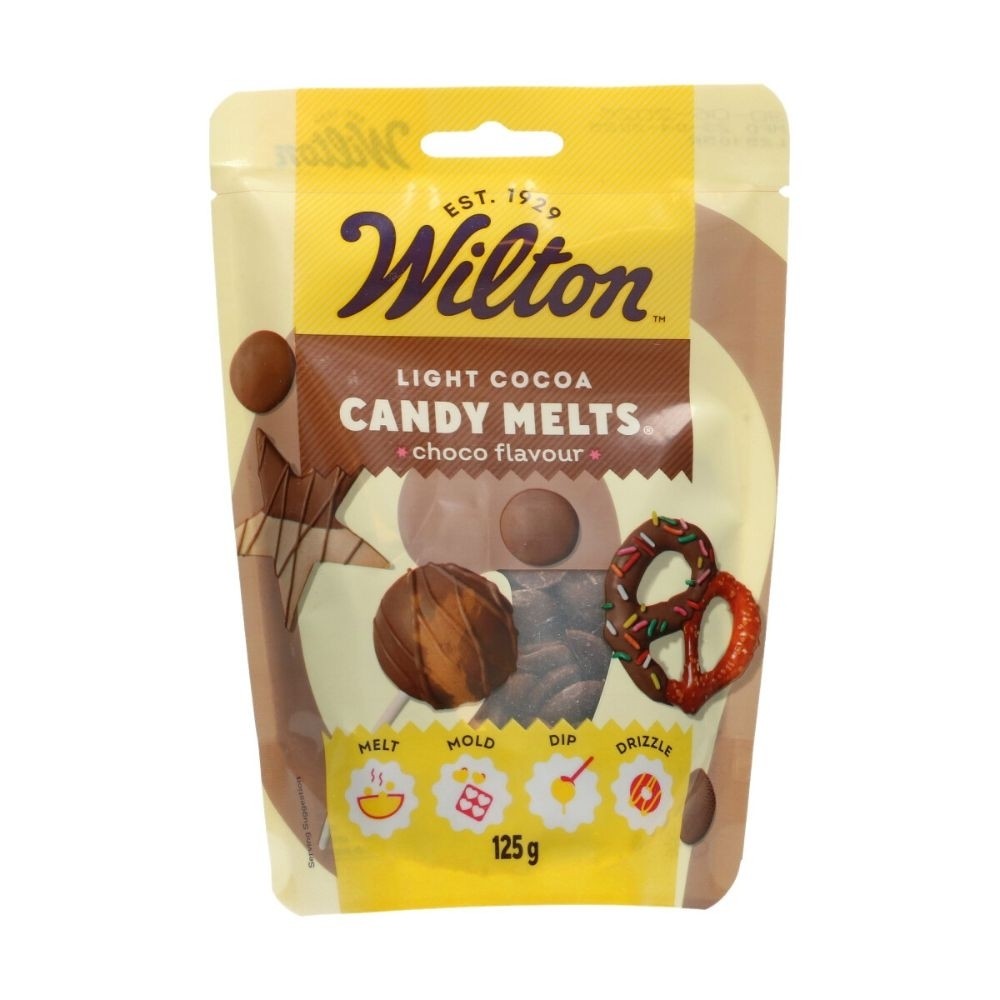 Light cocoa candy melts in a 125g resealable pouch by Wilton, featuring a brown color, chocolate flavor, and images of pretzels and chocolate pieces on the packaging.