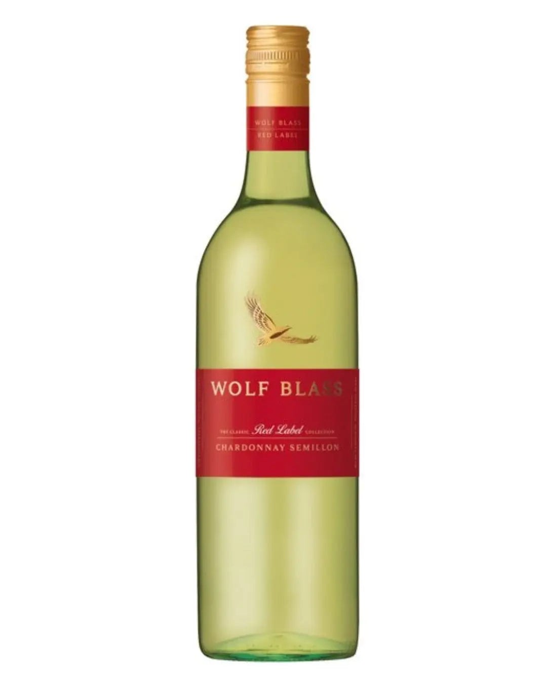 Clear glass bottle of Wolf Blass Red Label Chardonnay Semillon, 75 Cl, featuring a gold screw cap, a red label with white text, and a logo of a bird in flight.