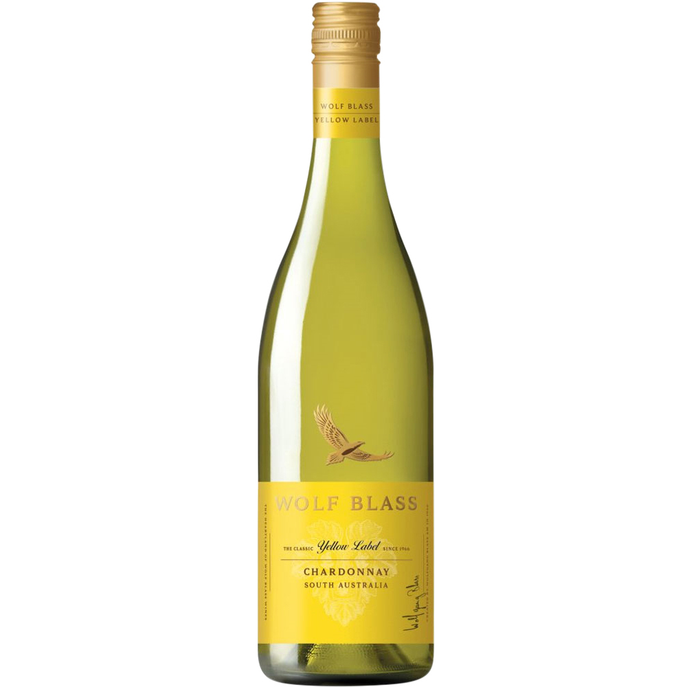 Clear glass bottle of Wolf Blass Yellow Label Chardonnay, featuring a yellow label with black text, a gold screw cap, and a silhouette of a bird.