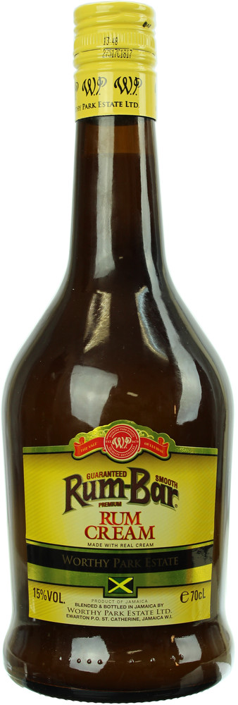 Worthy Park Rum-Bar Rum Cream Liqueur in a tall, dark glass bottle with a yellow label featuring the brand name and logo, showcasing a smooth, creamy beverage.
