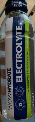 Clear plastic bottle labeled "WOW HYDRATE ELECTROLYTE" in blue and green, featuring lemon and lime flavor, 500 ml size, with a multipack indication on the label.