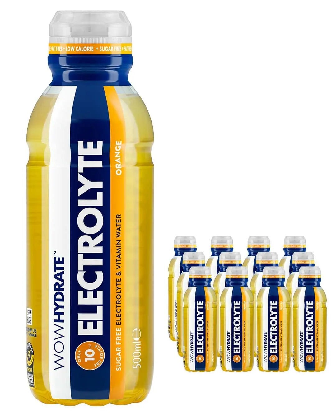Clear plastic bottle of Wow Hydrate Electrolyte Orange Drink, featuring a blue and white label, with a multipack of 12 bottles, each 500 ml, displayed beside it.