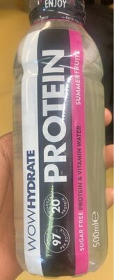 Clear plastic bottle of Wow Hydrate Protein drink in Summer Fruits flavor, featuring a black and pink label, highlighting 97 calories and 20g protein per serving, 500 ml size.