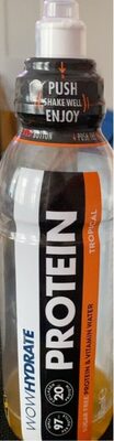 Clear plastic bottle with a black and orange cap, labeled "WOW HYDRATE PROTEIN TROPICAL," containing a yellow liquid, part of a 12-pack of 500 ml drinks.