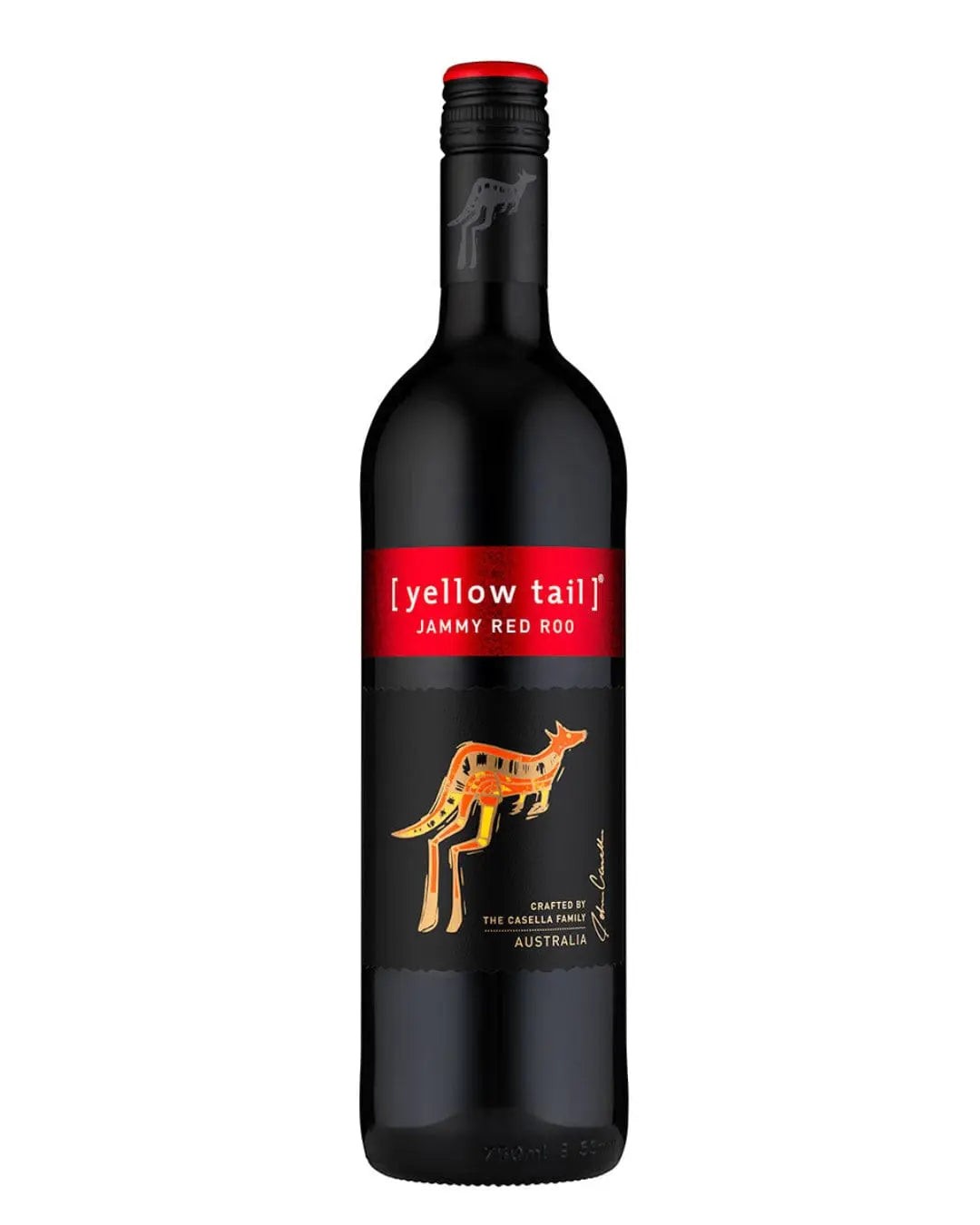 A bottle of Yellow Tail Jammy Red Roo wine, featuring a vibrant red label with a kangaroo graphic, a black background, and a sleek glass design, holding 75 cl.