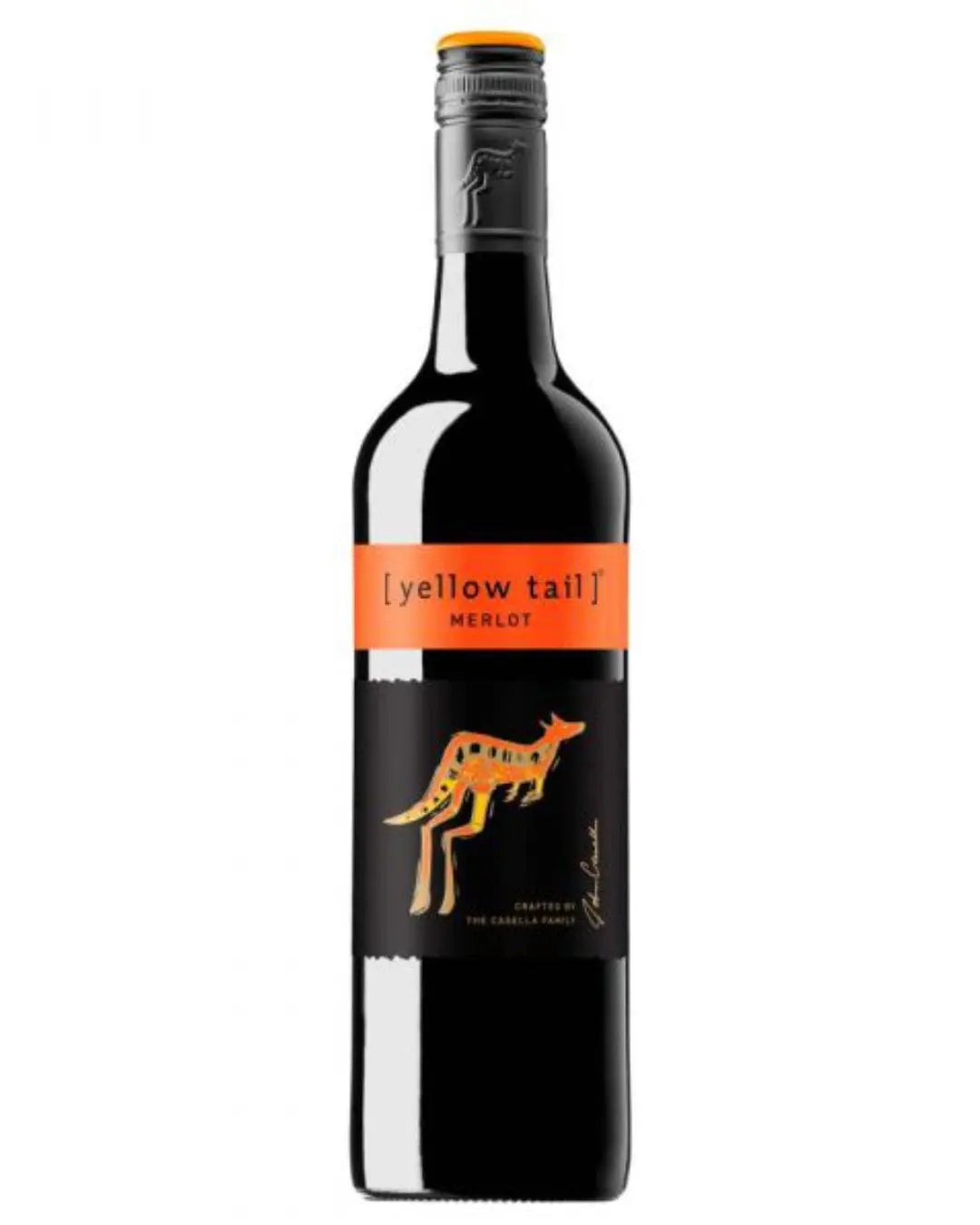 A 75 cl bottle of Yellow Tail Merlot featuring a black label with an orange and yellow kangaroo logo and bold orange accents. The bottle has a silver screw cap.