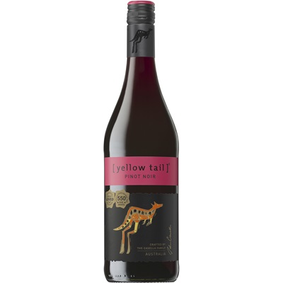 A bottle of Yellow Tail Pinot Noir, 75 cl, featuring a dark red wine color, a pink label with a kangaroo illustration, and a black cap.
