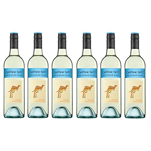 Six bottles of Yellow Tail Sauvignon Blanc, each 750ml, featuring a light green glass design with a yellow label and a stylized kangaroo logo.