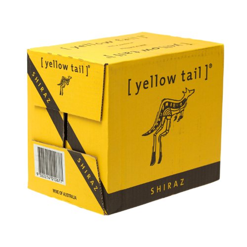 Bright yellow box featuring a black kangaroo logo and the text "[yellow tail]" and "SHIRAZ," indicating a 187 ml bottle of Australian wine.