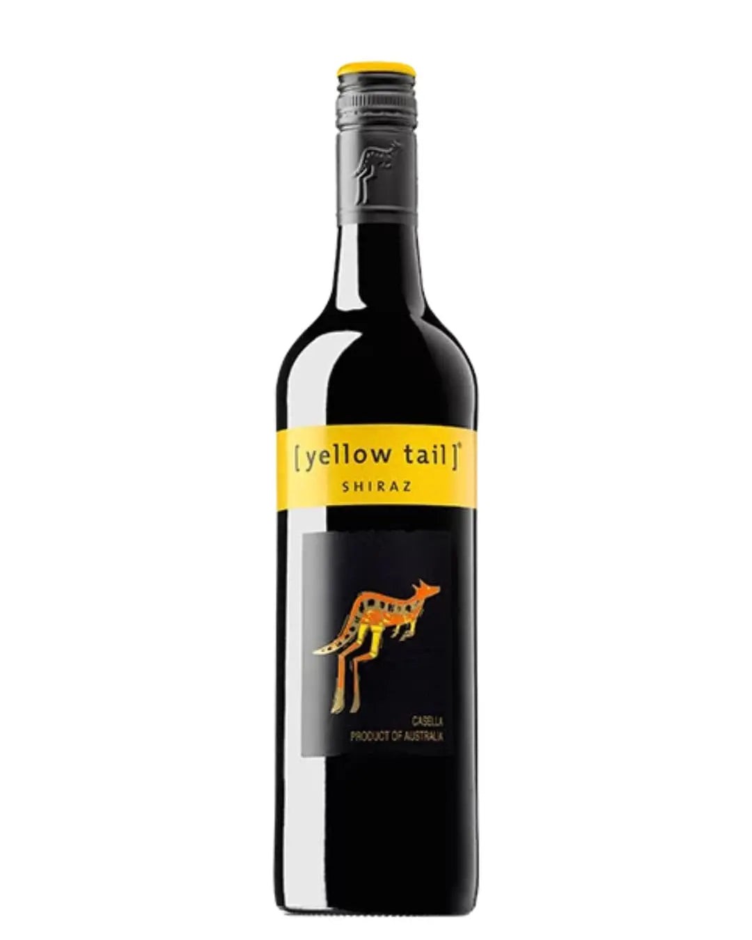 A sleek black wine bottle with a yellow label featuring the text "[yellow tail] SHIRAZ" and an illustration of a kangaroo in orange and yellow.