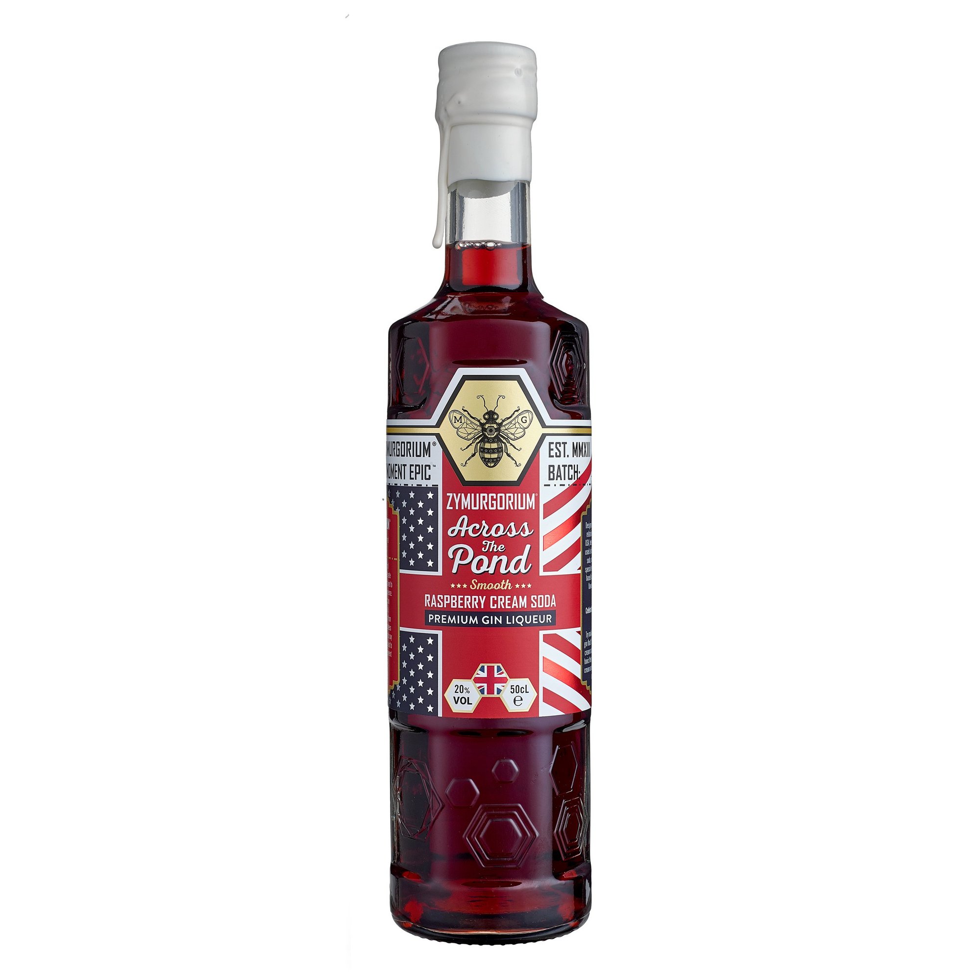 Zymurgorium Across the Pond Smooth Raspberry Cream Soda Gin Liqueur in a clear glass bottle with a red and white label featuring a bee and Union Jack design.
