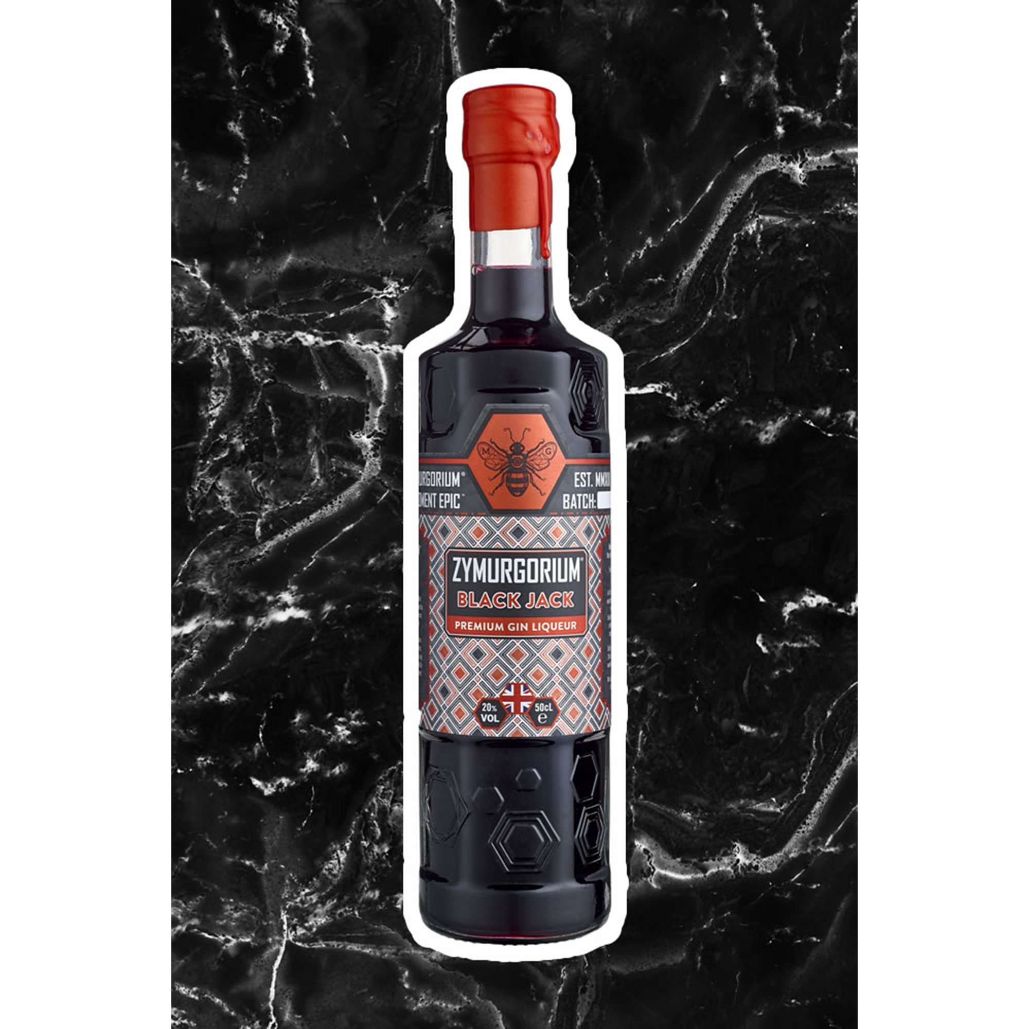 Zymurgorium Black Jack Gin Liqueur bottle, featuring a dark glass design with a vibrant red and orange label, geometric patterns, and a white cap, set against a black marble background.