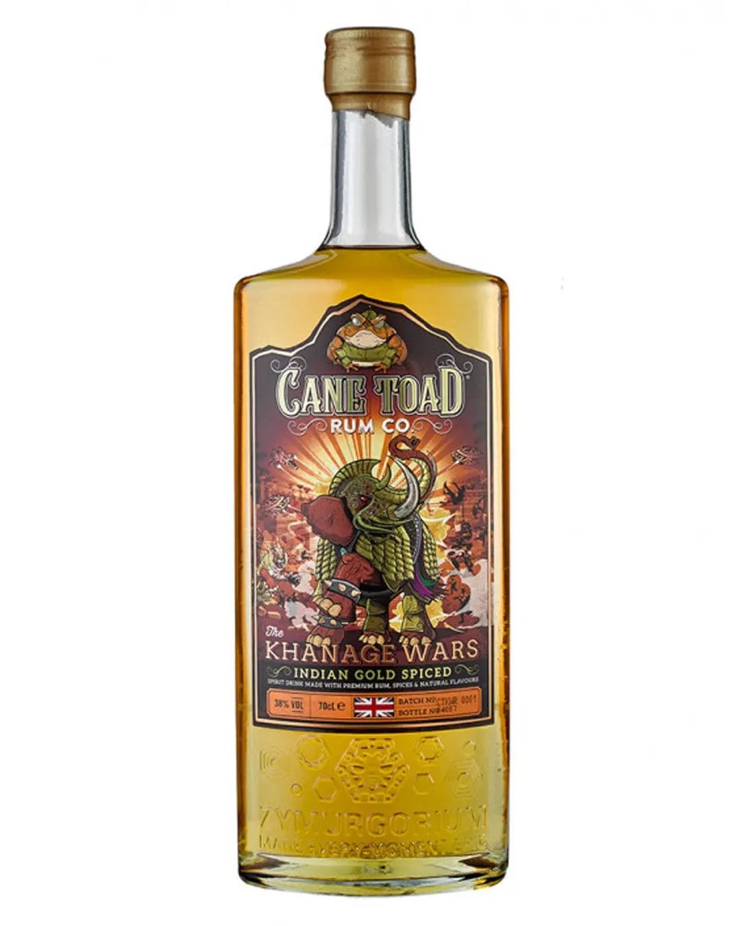 Clear glass bottle filled with golden spiced rum, featuring a colorful label with a cartoon toad and warrior design, and detailed text highlighting "Cane Toad" and "Khanage Wars."