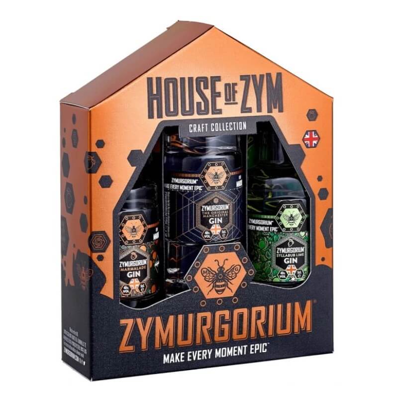 Three 5cl bottles of Zymurgorium Craft Collection Gin in a vibrant orange and black box featuring hexagonal patterns and a bee logo, labeled "MAKE EVERY MOMENT EPIC."