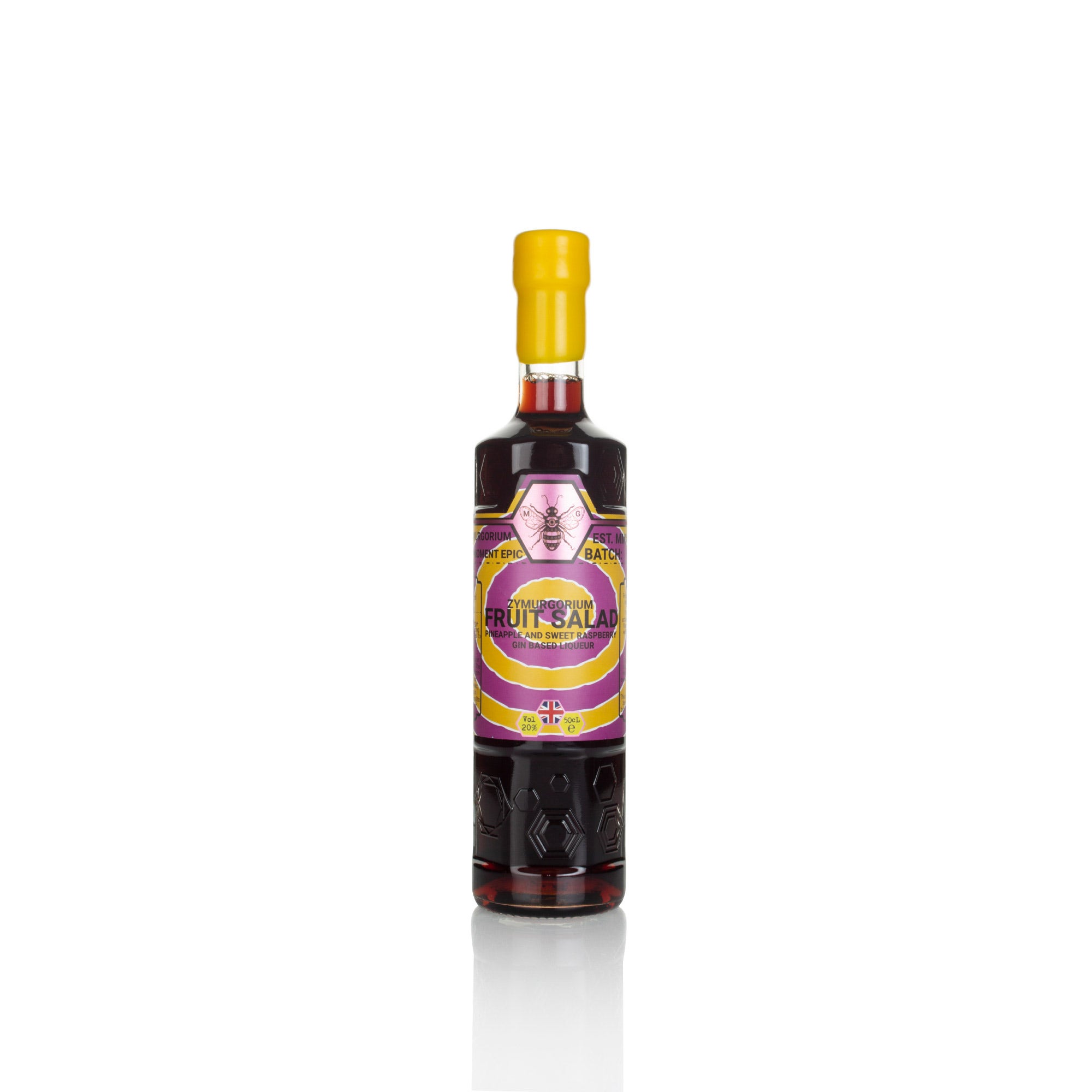Zymurgorium Fruit Salad Pineapple & Sweet Raspberry Gin Liqueur in a 50 cl bottle, featuring a vibrant yellow cap and a colorful label with purple and gold accents.