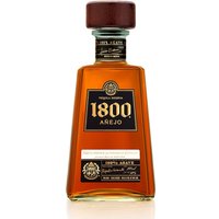 Amber 1800 Anejo Aged Tequila 70cl bottle with black label and wooden cap.