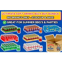 Soft drink bulk buy bundle with Coca Cola, Fanta, Sprite, and Tango cans, plus cardboard box with Bargain Buddy logo.