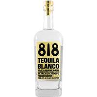 Clear bottle of 818 Blanco Tequila 70cl with bold black text on a yellow label.