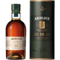 Aberlour 16 Year Double Cask Whisky 70cl bottle with green label and matching cylindrical box.
