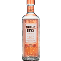 Clear glass bottle of Absolut Elyx Vodka 70cl with copper accents and embossed geometric design.